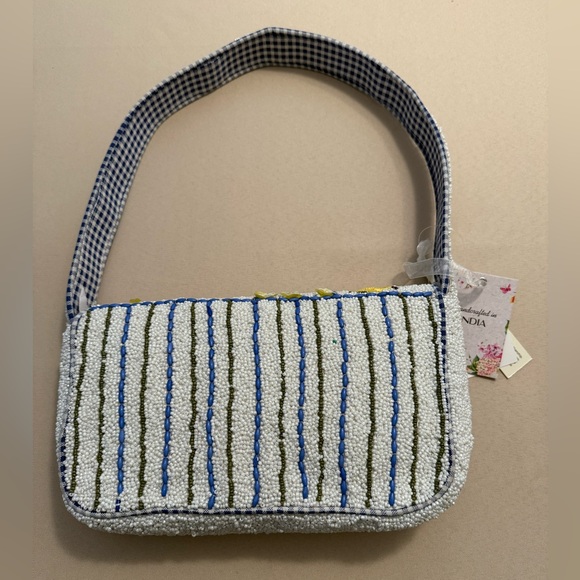 Handcrafted in India Beaded Bag Lemon Tiles with Gingham Interior - Picture 2 of 8